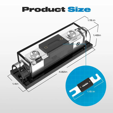 250 Amp ANL Fuse Holder Inline 0 2 4 Gauge AWG For Your Car Audio Rig With Easy Install Two Screw Holes Secure Mount Great For Cars Trucks Boats Durable Construction For Long Lasting Performance In Harsh Road And Marine Conditions. Product size diagram with 4.82 in length and 1.48 in height