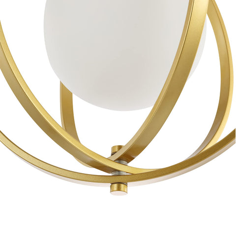Close-up of gold orb chandelier 1 light globe pendant fixture with white globe glass lampshade detail, modern chic ceiling light