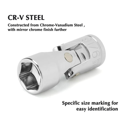 3/8 Inch Drive Universal Joint Socket Set With Swivel Head, Heavy Duty 6 Point SAE Flex Socket Kit In Chrome Vanadium Steel, Mirror Finish, Reaches Tight Spots With 40 Degree Angles And 360 Degree Rotation, Includes 3/8 To 3/4 Inch Sizes, chrome vanadium steel universal joint socket