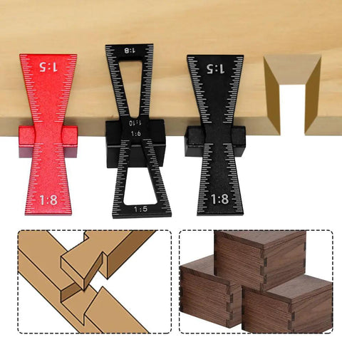 Top Shelf Dovetail Marking Jig And Mortise Layout Gauge For Hand Tool Woodworking Projects showing three gauges on wood.