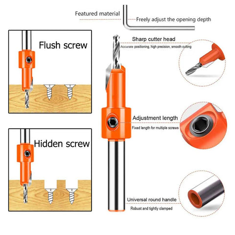 Premium Countersink Drill Bit Set For Woodworking And Timber shows sharp cutter head with adjustable depth and hex key for screws.