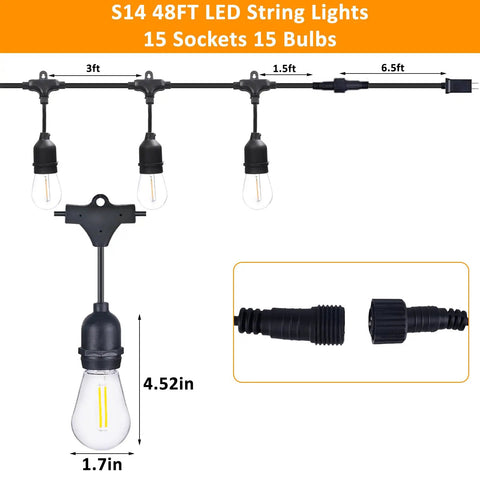 Diagram of 48Ft LED Outdoor String Lights With Dimmer, 15 Edison Bulbs, socket measurement details shown