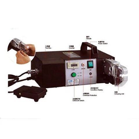 Heavy Duty Automatic Electrical Crimping Machine, 200-230V Power Driven For Quick And Easy Operation, control panel and handle view.