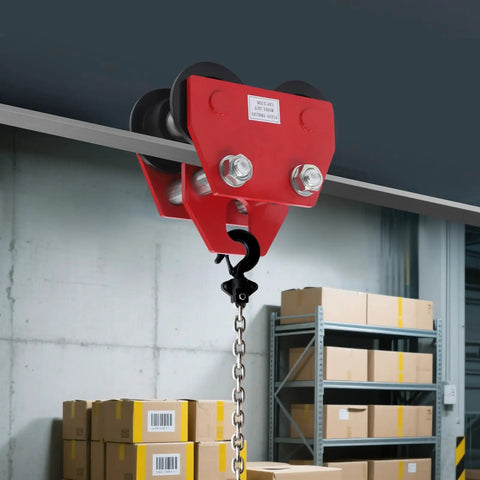3 Ton Beam Trolley Hoist With Dual Wheels Manual Adjustable Width From Three Point Five To Four Point One Inches installed on I-beam