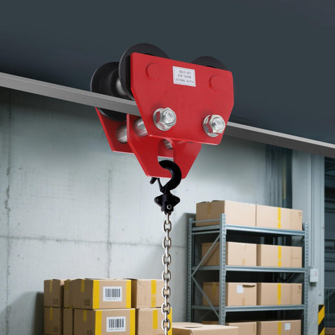 2 Ton Manual I Beam Trolley With Track Rollers Adjustable Beam Width Three Point Five Four Inches To Five Point Five One Inches Heavy Duty Four Four Zero Nine Lbs Load Capacity Sliding Hoist Trolley For Warehouse And Construction installed on beam with visible chain and boxes below in a warehouse setting.