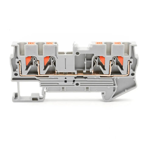 Orange 2.5mm2 4-Wire Terminal Block Kit for DIN Rail with Spring Clamp Connections 10 Pack, side view.