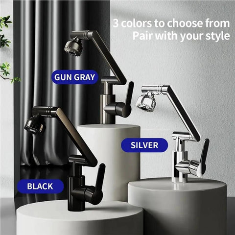 UHRLGHS 360°Swivel Kitchen Faucet with Robotic Arm Dual Mode Soft Bubble & Shower Adjustable Flexible Design Modern Gray Finish for Easy Cleaning & Versatile Use,Black displayed in black, gun gray, and silver colors.