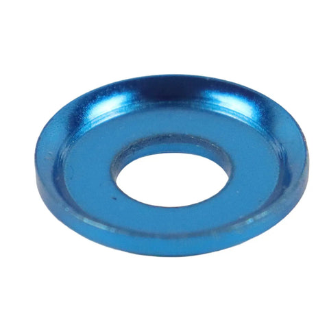 Blue Anodized Skateboard Truck Cup Washer Kit for Replacing Worn Washers and Customizing Your Deck Setup shown in close-up view.