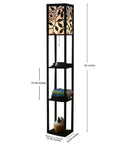 Dope Tower Floor Lamp With Shelves And USB Ports, 63-inch lamp with floral shade, black finish, cuboid shelves, living room decor.