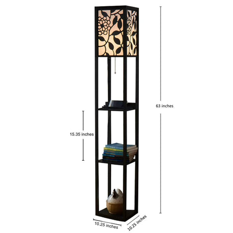 Dope Tower Floor Lamp With Shelves And USB Ports, 63-inch lamp with floral shade, black finish, cuboid shelves, living room decor.