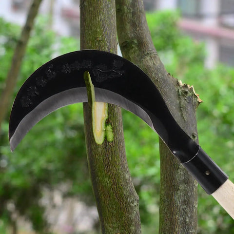 Manganese Steel Long Handle Hand Scythe For Weeding And Lawn Care With Thick Blade Heavy Duty Garden Tool For Outdoor Use in action