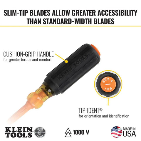 Pro Grade 1000V Insulated Screwdriver Set With Pliers And Wire Stripper, close-up of the handle with cushion grip and tip identification