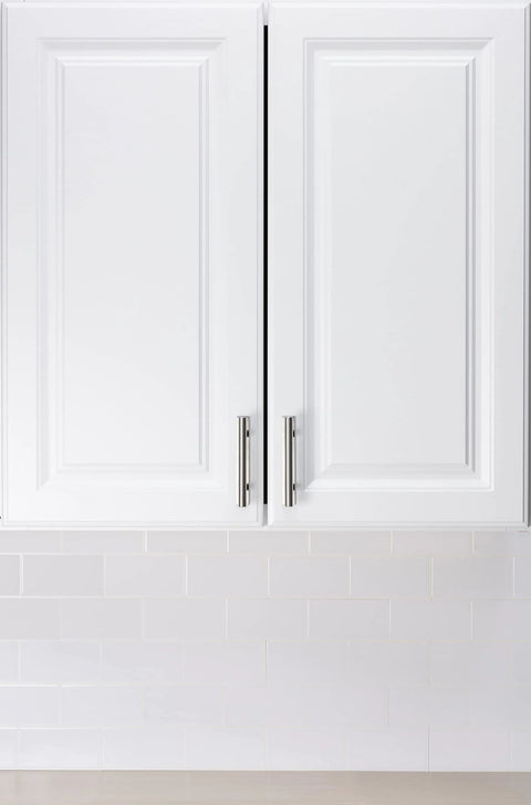 5 Inch Brushed Nickel Adhesive Cabinet Handles Set Of 4 All Metal Self Stick Drawer Pulls No Drilling With 3M Adhesive mounted on white cabinet