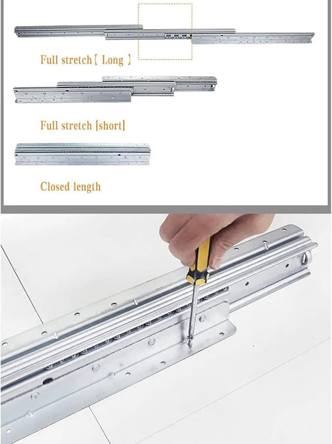 Premium Heavy Duty Drawer Slides One Pair Three Section Staircase Guide Rail showing full stretch and installation.