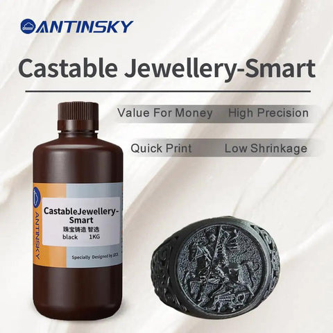 Slick Castable Jewelry Resin For DLP LCD 3D Printers 405nm 40 Percent High Wax Mix No Fuss Clean Burnout Dead Crisp Details Low Shrinkage Go To Choice For Gold Silver Crafting Black 1Kg Tub