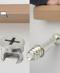 Heavy Duty Self Tapping Furniture Cabinet Connector Kit featuring zinc plated cam locks and precision steel dowels, close-up of components.