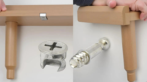 Heavy Duty Self Tapping Furniture Cabinet Connector Kit featuring zinc plated cam locks and precision steel dowels, close-up of components.