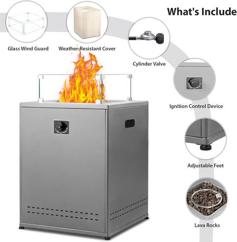 Smokeless Propane Fire Pit Table With 50000 BTU 20 Inch Square Portable Outdoor Patio Heater Lava Rocks Glass Wind Guard And Cover Grey