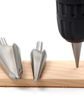Umbrella Drill Bit Set 3Pc HSS 4241 Taper Power Drill Bits for step drilling and cone chamfer cutting shown with wooden plank.