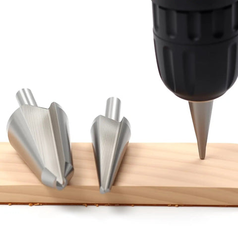 Umbrella Drill Bit Set 3Pc HSS 4241 Taper Power Drill Bits for step drilling and cone chamfer cutting shown with wooden plank.