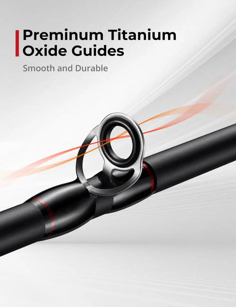 Close-up of titanium oxide guide on Torrent Baitcaster Rod Two Piece Portable Casting Rod For Sensitive Lightweight High Strength IM6 Carbon Build All Day Angling With Pinpoint Accuracy And Easy Handling