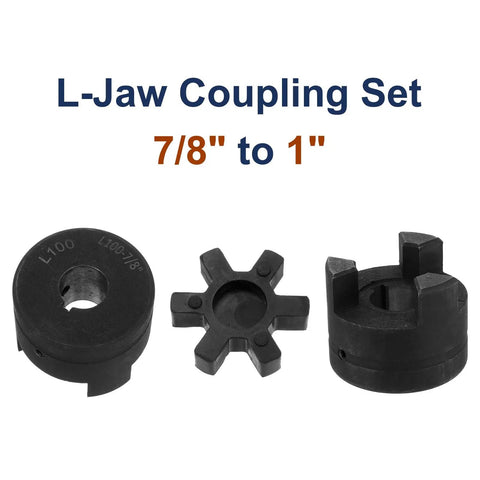 Seven Eighths To One Inch Flexible L Jaw Coupling Set With Three Piece Buna N NBR Rubber Spider Inserts For Log Splitter And Hybrid Equipment Includes Keyways And Set Screws Built Tough High Strength Easy Install, black L-jaw set