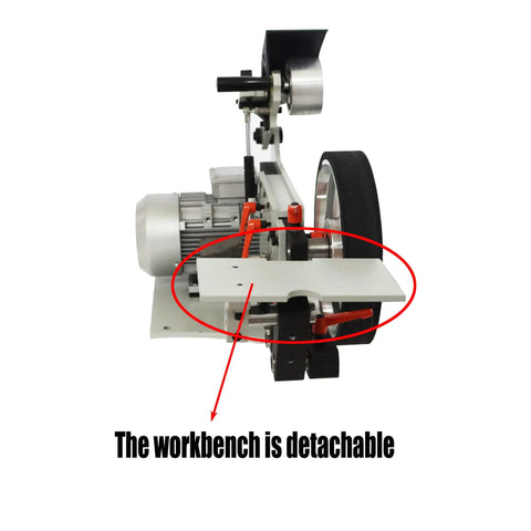 Pro Level Heavy Duty Belt Sander And Knife Grinder With Variable Speed Control, showing detachable workbench and motor.