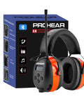 Upgraded Bluetooth Hearing Protection Headphones with AM FM Radio, 31 SNR, Orange, shown with box packaging