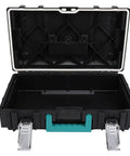 Heavy Duty Stackable Toolbox With Metal Clip And Easy Grip Top Handle For Modular Workshop Rig And Clutter Free Job Site Storage And Professional Grade Tool Case Built For Daily Grind Hustle, open view showing empty interior.