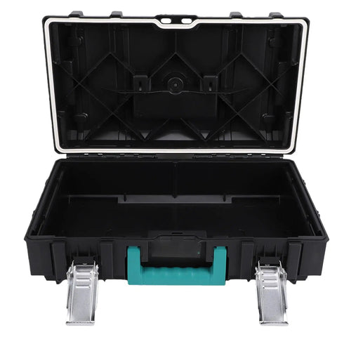Heavy Duty Stackable Toolbox With Metal Clip And Easy Grip Top Handle For Modular Workshop Rig And Clutter Free Job Site Storage And Professional Grade Tool Case Built For Daily Grind Hustle, open view showing empty interior.