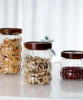 Premium Textured Glass Tea Canisters For Loose Leaf Coffee Beans And Pantry Essentials, 350ml, airtight storage jars with wooden lids.
