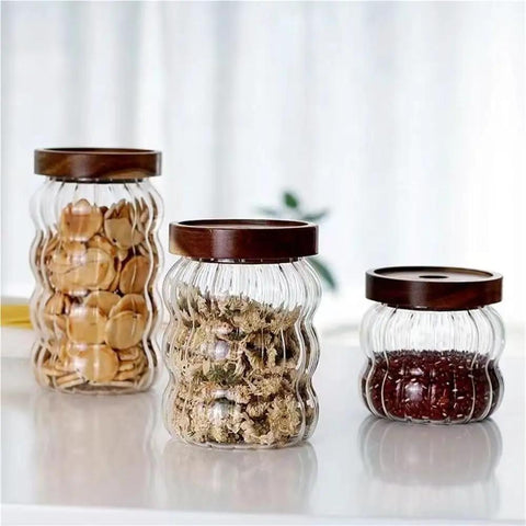 Premium Textured Glass Tea Canisters For Loose Leaf Coffee Beans And Pantry Essentials, 350ml, airtight storage jars with wooden lids.