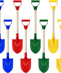 Eight Pack Kids Beach Shovels Set With 22 Inch Plastic Scoops And Wooden Handles For Sand Digging Snow Play in bright colors.