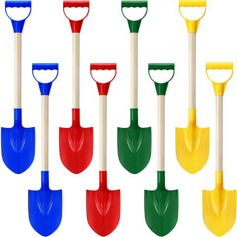 Eight Pack Kids Beach Shovels Set With 22 Inch Plastic Scoops And Wooden Handles For Sand Digging Snow Play in bright colors.