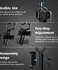 Universal Telescope Phone Adapter Mount for Microscope, Binoculars, and Spotting Scopes showing flexible use and adjustment features