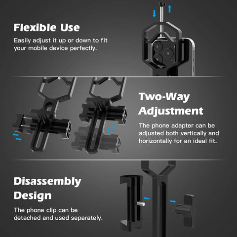 Universal Telescope Phone Adapter Mount for Microscope, Binoculars, and Spotting Scopes showing flexible use and adjustment features