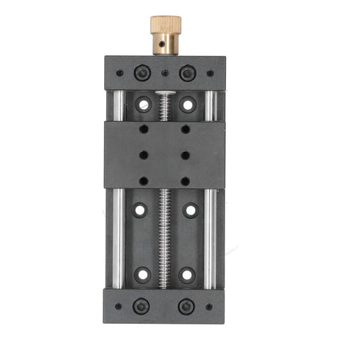 Built Tough Manual Sliding Table Linear Stage Delivering Smooth As Butter 75 Mm Travel, top view of heavy-duty aluminum frame.