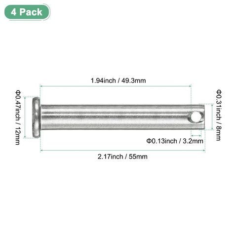 Single Hole Clevis Pins 4 Pack M8 X 55mm Stainless Steel 304 Flat Head Linkage Pins For Mechanical Setups Hinges Rigging Lifting Gear Built Tough Reusable Fasteners, 4 pack dimensions
