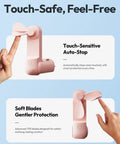 3 In 1 Portable Handheld Fan Foldable Lipstick Size USB Rechargeable Personal Cooler For Travel In Pink with touch-sensitive auto-stop
