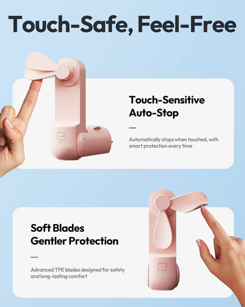 3 In 1 Portable Handheld Fan Foldable Lipstick Size USB Rechargeable Personal Cooler For Travel In Pink with touch-sensitive auto-stop