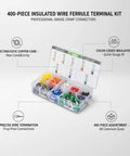 Massive 400 Piece Insulated Wire Ferrule Terminal Kit Featuring Premium Copper Crimp Connectors That Keep Stranded Wires Tidy And Secure For Control Panels Cars And Heavy Equipment Projects. open case with color-coded ferrules