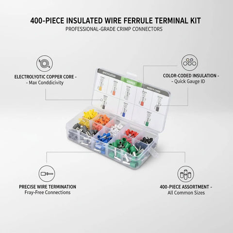 Massive 400 Piece Insulated Wire Ferrule Terminal Kit Featuring Premium Copper Crimp Connectors That Keep Stranded Wires Tidy And Secure For Control Panels Cars And Heavy Equipment Projects. open case with color-coded ferrules