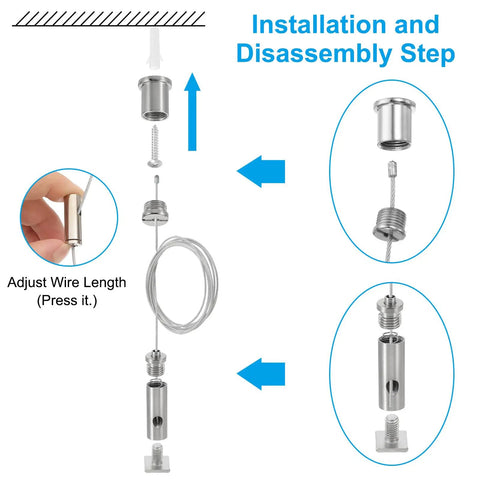 Ceiling Hanging Wire Cable Kit 4 Pack With 2m Adjustable Suspension Cables installation and disassembly instructions