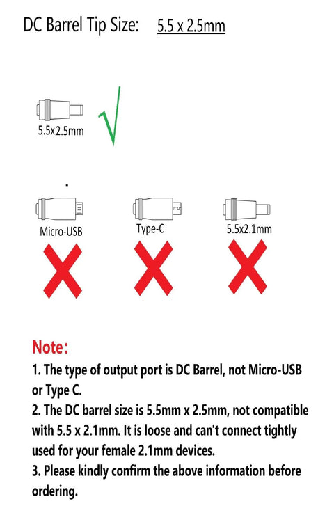 Diagram showing DC barrel tip size 5.5x2.5mm for Universal 5V 1A DC Power Supply Adapter From 100-240V AC To 5V Output.