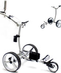 No Sweat Foldable Electric Golf Cart With Three Stable Wheels Quiet Dual Motor Slope Smashing Power Nine Gear Modes Go Pause Memory And Ultra Light Chassis For Easy Course Rollouts with silver chassis and three wheels.