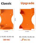 Comparison of classic and upgraded orange leaf blower hanger mounts, each 5.5 inches wide and 9 inches tall, fits BG-86.