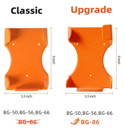 Comparison of classic and upgraded orange leaf blower hanger mounts, each 5.5 inches wide and 9 inches tall, fits BG-86.