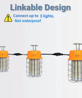 250W LED Temporary Work Light linkable design, showing three lights connected, stainless steel shield, built-in hook.