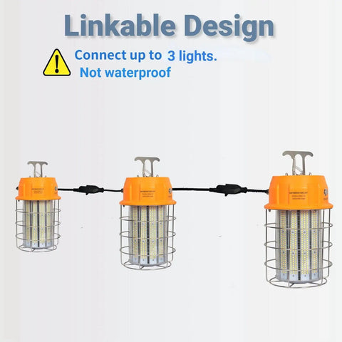250W LED Temporary Work Light linkable design, showing three lights connected, stainless steel shield, built-in hook.