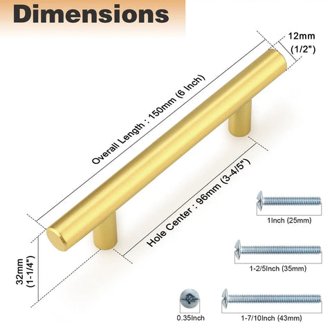 Top Tier Stainless Steel T Bar Cabinet Pulls In A Knockout Gold Finish, 3 3/4 Inch Center To Center sizing with dimensions listed.